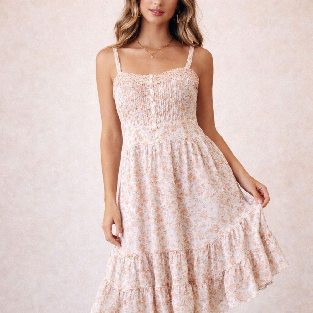 LoveShackFancy Pasha Dress Pink Floral Pintuck Midi Braided Trim Cottagecore 8